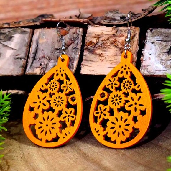 Color Glee Jewelry - Ellisa Raine Sunny Orange Floral Wood Filigree Water Drop Earrings